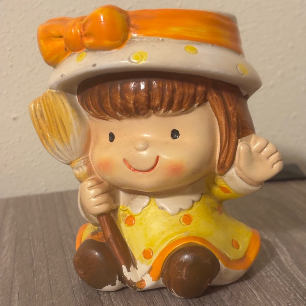 Vintage 1970s Yellow Dress Girl Ceramic Planter Pen Pencil Holder Trinket Box